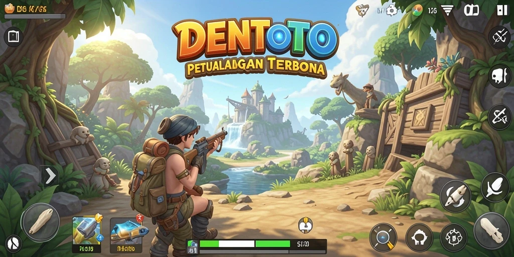 Screenshot gameplay DENTOTO menunjukkan petualangan di dunia terbuka.