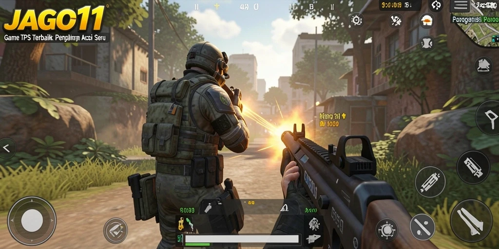 Screenshot gameplay JAGO11 menampilkan pertempuran intens dalam dunia TPS.