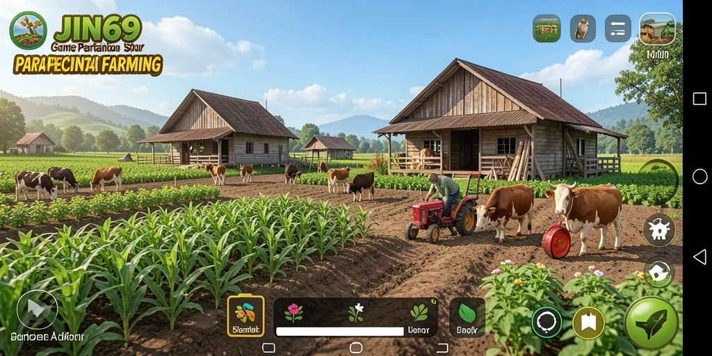 Tampilan gameplay JIN69 dengan berbagai aktivitas pertanian.