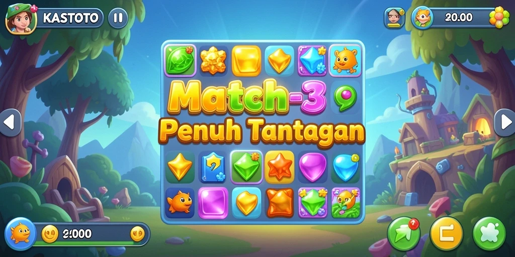 Tangkapan layar gameplay KASTOTO yang menampilkan pencocokan objek Match-3.