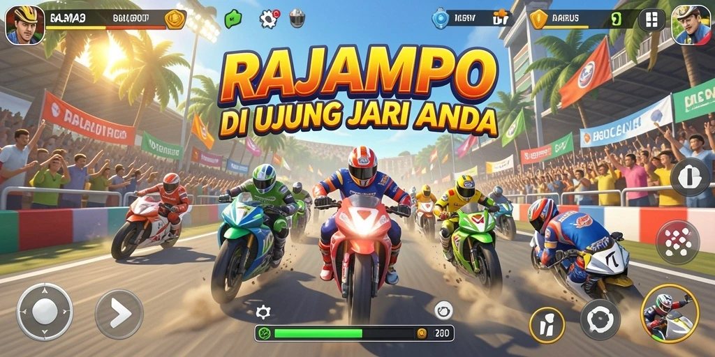 Screenshot gameplay RAJAMPO yang menunjukkan aksi balapan yang intens.