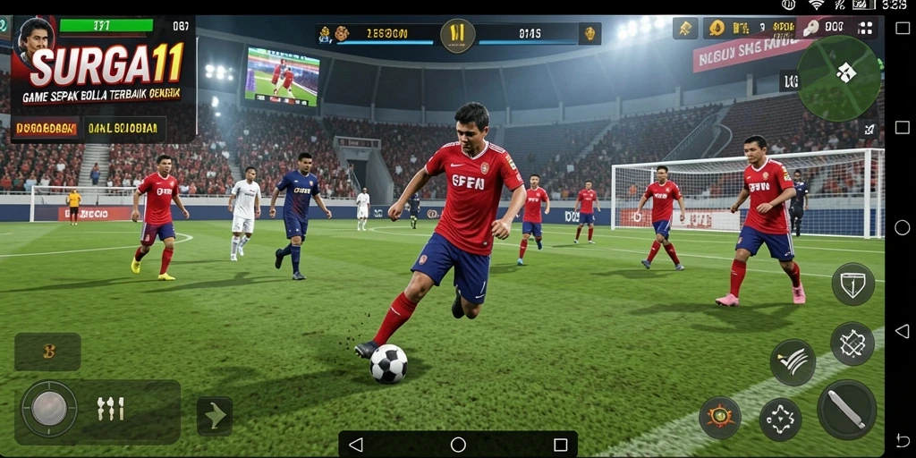 Tangkapan layar gameplay <strong>SURGA11</strong> menunjukkan aksi mendebarkan di lapangan sepak bola.